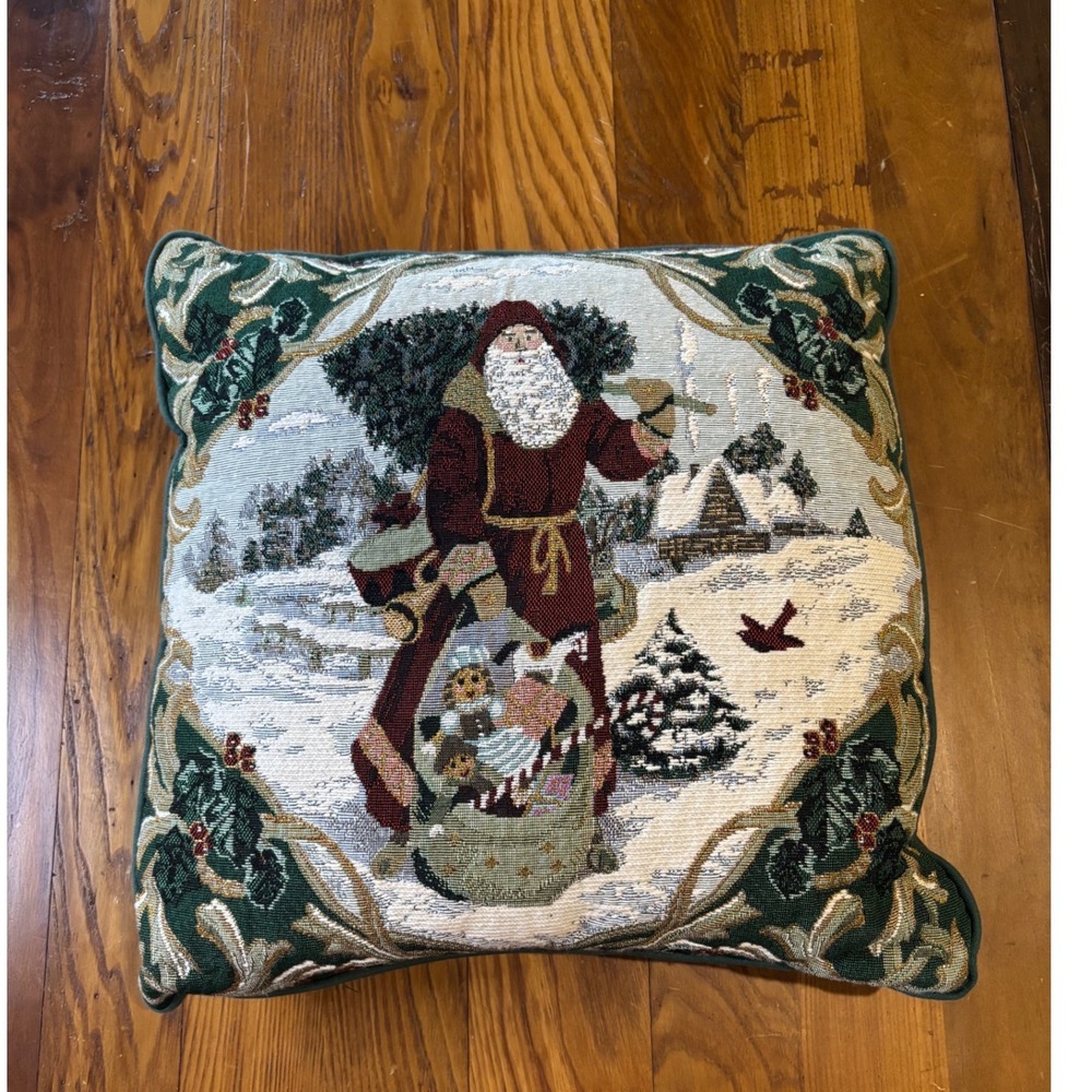 Ex-Cell Home Fashions Vintage Christmas Santa Tapestry Throw Pillow 18x18 Green